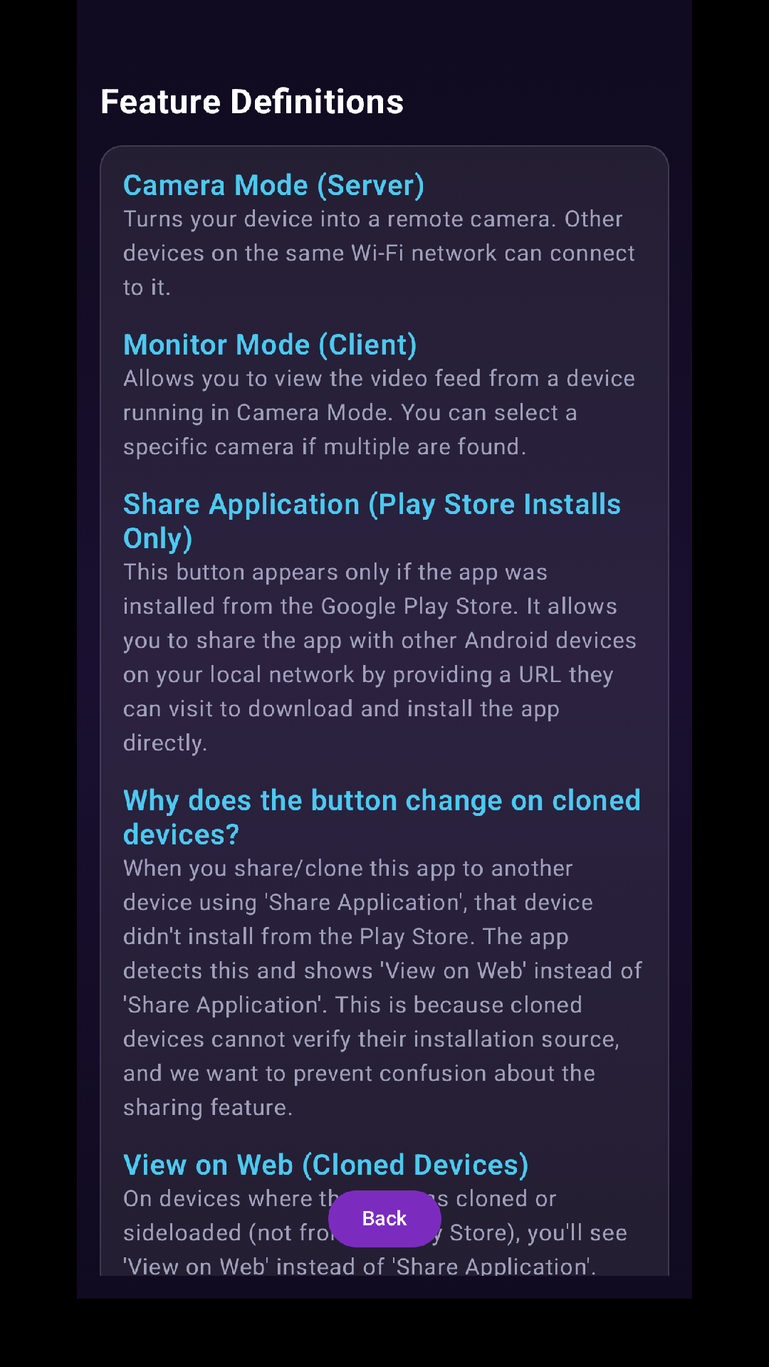 Feature Definitions Screen